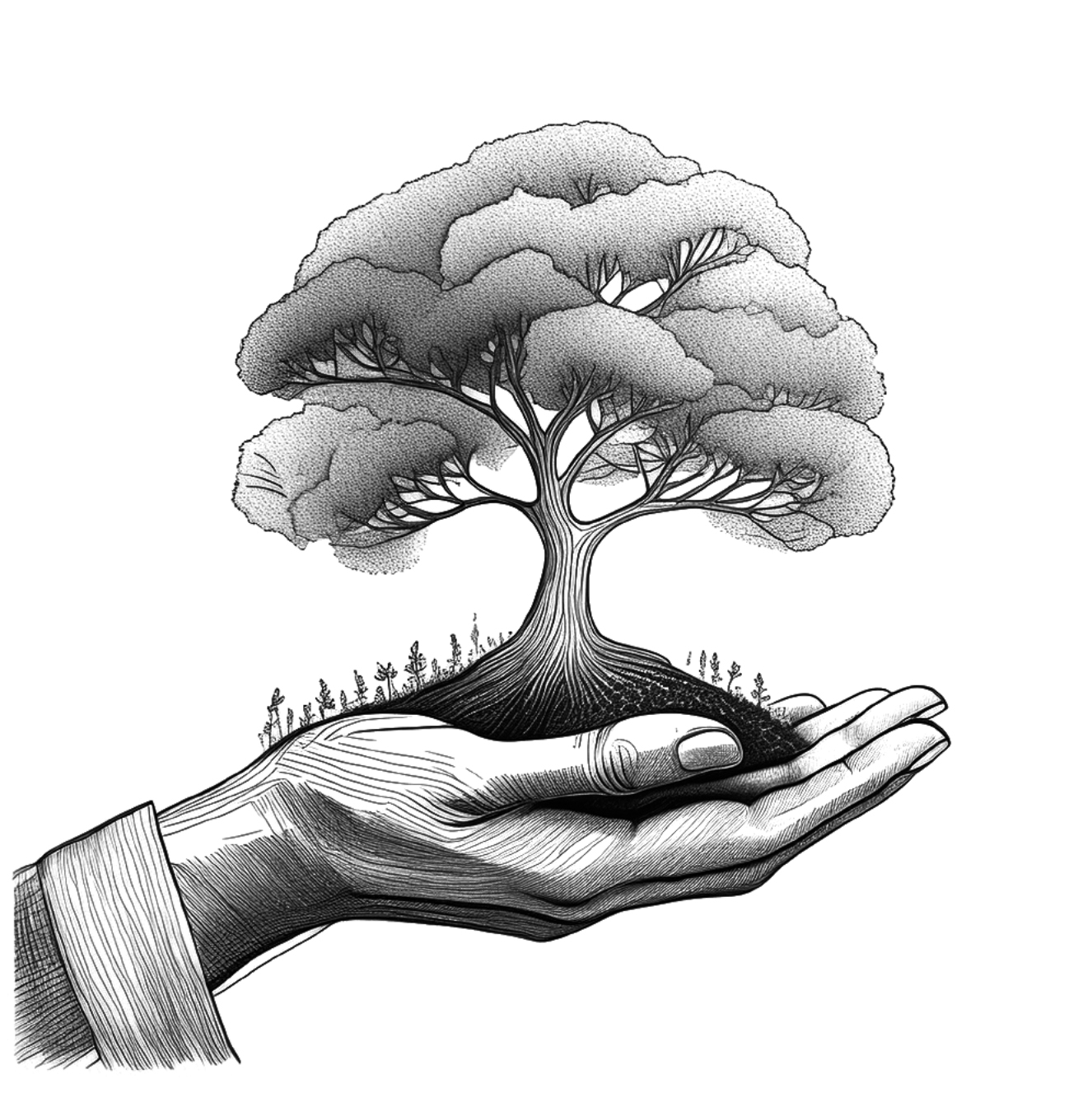 Hand holding a small tree - symbolizing our commitment to sustainability